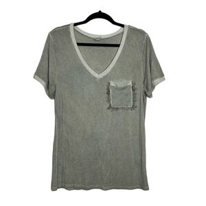 POL V Neck Fray Pocket Gray Green Tee size Medium
